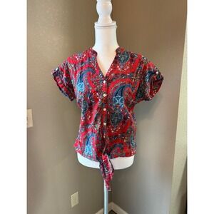 Dressbarn Womens Red Paisley Floral Cotton Button Front Tie Hem Blouse Size M
